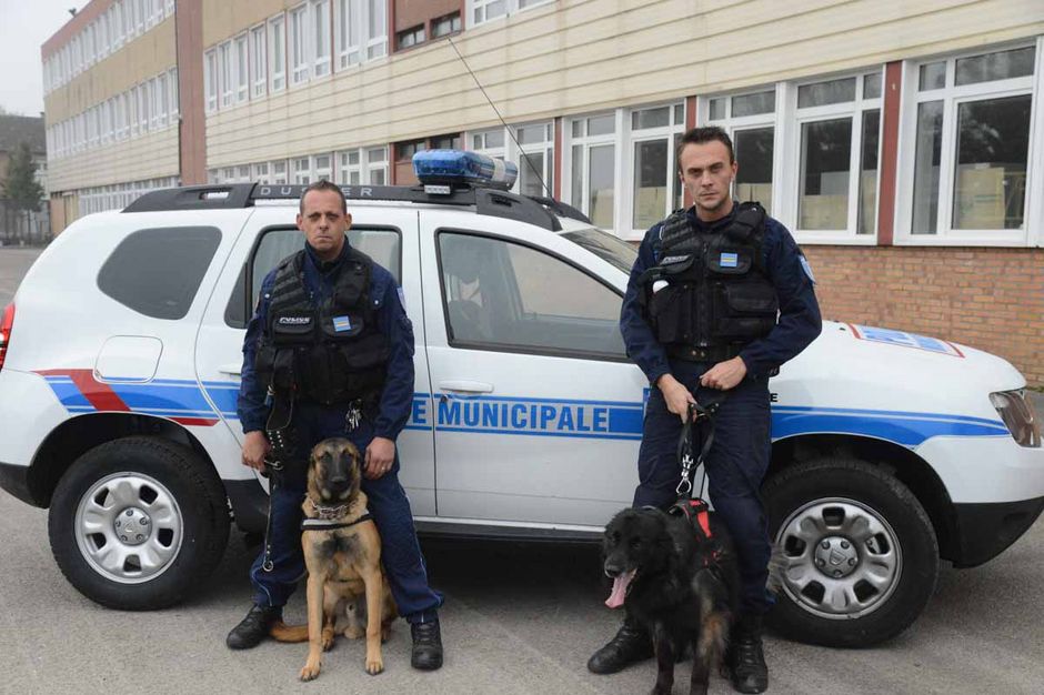 Les agents de la police municipale avec deux chiens à leurs pieds. 